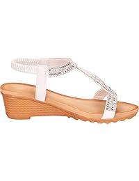 Cambridge Select - Sandalias de mujer con estrás en T, elásticas, con cuña media