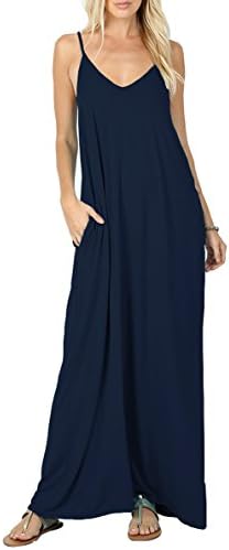 Iandroiy Women's Summer Casual Plain Flowy Pockets Loose Beach Cami Maxi Dress