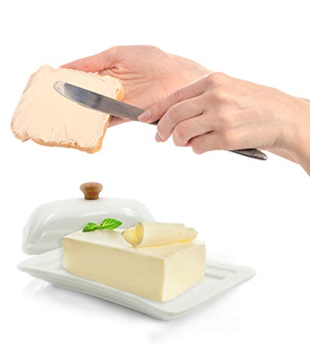 Ceramic Shabby Chic White And Bamboo Butter Dish Wide Butter Container Margarine Keeper With Lid - Thumbnail 7