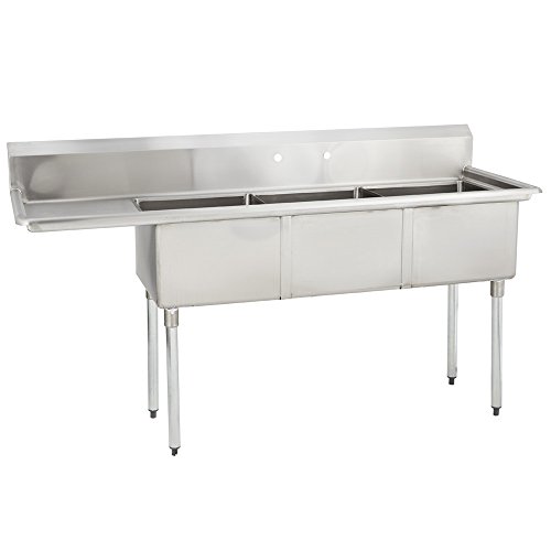 Fenix Sol 18G-3C18X24-L18 Three Compartment Stainless Steel Sink, Bowl: 18"L x 24"W x 12"D, Overall Size: 74.5"L x 29.5"W x 43.75"H, 1 x 18" Left Drainboards, Galv Legs