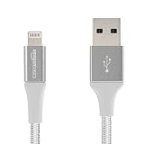 AmazonBasics Double Braided Nylon Lightning to USB A Cable, Advanced Collection - MFi Certified iPhone Charger - Silver, 4-Inch