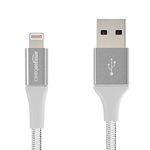 AmazonBasics Double Braided Nylon Lightning to USB A Cable, Advanced Collection - MFi Certified iPhone Charger - Silver, 4-Inch