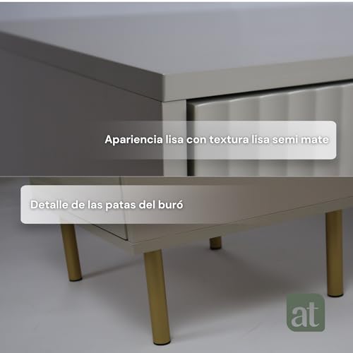 ALTALIA DECO HOME Buró para Recamara Minimalista - Buro de Madera con 2 Cajones amplios Acanalados - Buró de Noche Moderno - Buros Mesa Auxiliar Herrajes Dorados - 48x40x58 cm (Gris) (Gris)