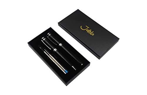 Jofelo Luxury Metal Pen Set Black Silver | Smooth & Elegant Executive Ballpoint Rollerball Writing Pens & Refills | Signature Weight & Balance | Best Fancy Gift for Professional Writers, Men Women