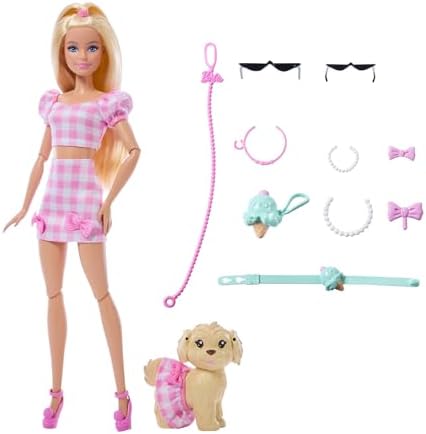 Poupée Twinning avec chien, en tenues roses vichy assorties