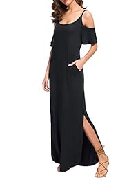 GRECERELLE Vestido largo suelto informal de verano para dama, sin tirantes, con hombros descubiertos, manga corta, con bolsillo