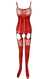 Sexy Lace See Through Elastic Hosiery Suspender Croutchless Bodystockings Red