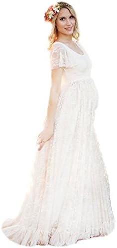 Photography Maternity Dress Lace Long Dress Short Sleeve Pregnant Wedding Dress (White, Small)