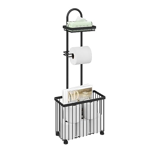 X-cosrack Freestanding Toilet Paper Holder Toilet Tissue Rack Scroll Stand Roll Dispenser with Storage Shelf Reserve for Phone Tablet Magazine Bathroom Organizer Bath Tissue Organizer-Black