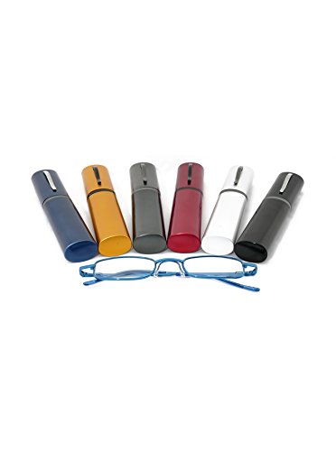 4 Pack Slim Tube Readers Stylish Compact Reading Glasses Hardcase Strength (Blue, 2.50)