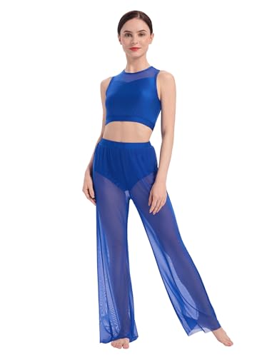 AFAVOM Lyrical Dance Costume for Women Sleeveless Workout Mesh Crop Top with Mesh Sheer Pants 2PCS Lyrical Dress Contemporary Dance Costumes for Performance Competitive Dancewear Royal Blue X-Small at Amazon