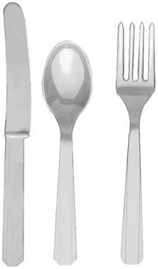 24 Plastic Cutlery Birthday Wedding Solid Colours Tableware Party Supplies plastic spoons and forks set (Silver)