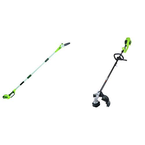 Greenworks 8.5' 40V Cordless Pole Saw, 2.0 AH Battery Included 20672 with 14-Inch 40V Cordless String Trimmer (Attachment Capable), Battery Not Included 2100202