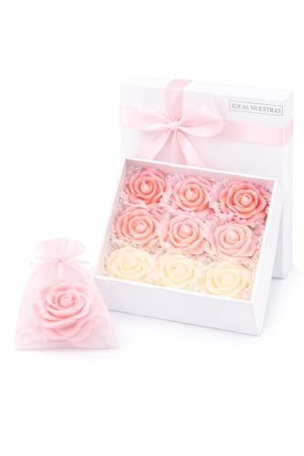Scented Rose Candles (Pack of 9) – Decorative Candles for Mother's Day, Women, Wedding and Communion – Gift Box with Organza Bags Included Ideas Nuestras®