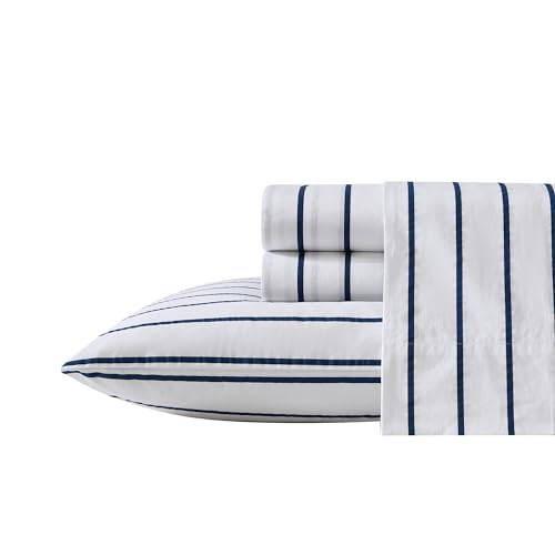 Nautica - Set di lenzuola doppie, in percalle di cotone, fresco e fresco, leggero e traspirante (Brenton Stripe blu navy, doppio)
