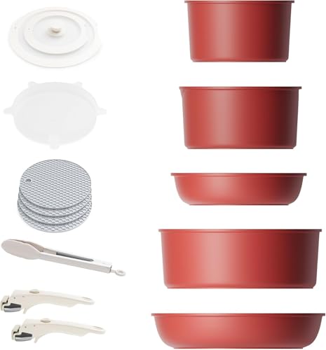 Photo 1 of Caannasweis Detachable Nonstick Cookware Set - Stackable Induction Pots and Pans With Removable Handles, Dishwasher Safe - For RV Camping, Oven and Stovetop Use, 5 Pieces (Red)