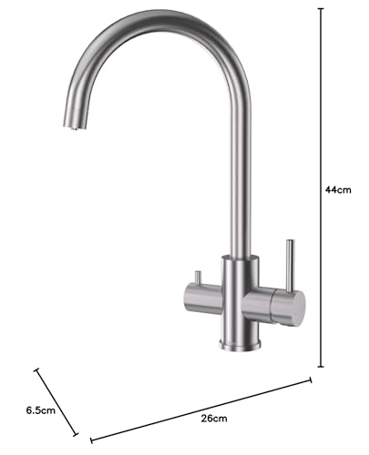 DETBOM 3 Way Kitchen Sink Tap for Osmosis Systems, 3 in 1 Double Lever Drinking Water, Hot and Cold, 360° Swivel, Stainless Steel, Brushed Silver