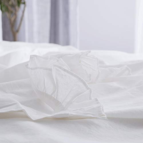 Simple&Opulence Belgian Linen Sheet Set 4PCS Solid Color Ruffles Flouncing(Full,White)