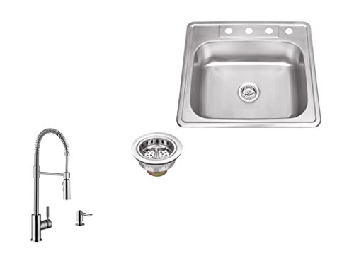 MSDP2522P7556 25" x 22" 20 Gauge Stainless Steel Drop In Single Bowl Kitchen Sink with Pull Out Kitchen Faucet and Soap…