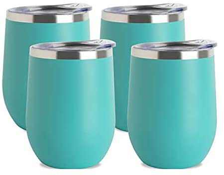 JEAREY Stemless Glass Tumbler 12 oz Stainless Steel Double Wall Vacuum Insulated Wine Cup with Lid Travel Friendly (Lovely Mint, 4)