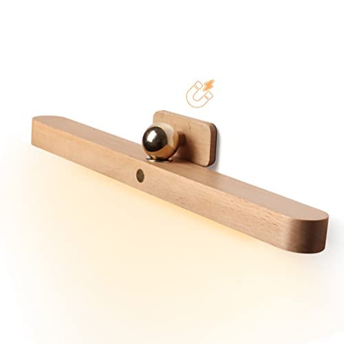 Led Rechargeable Mirror Lights, Magnetic Bathroom Light Fixtures Three-Level Dimmable Touch Control Vanity Lights Bar, Wooden Mirror Light for Bathroom Living Room Bedroom