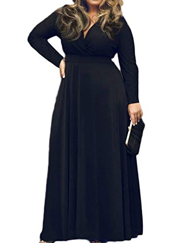POSESHE Women's Solid V-Neck Long Sleeve Plus Size Evening Party Maxi Dress Black L