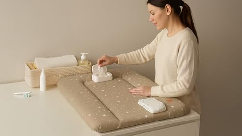 Baby Changing Mat 70 x 50 cm – Baby Changing Table with Plan, Waterproof Mat Easy to Clean to Place on a Washing Machine or Dresser Hemnes Oeko-Tex Beige with White Stars
