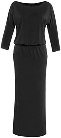 HITRAS Women Long Sleeve Long Maxi BOHO Evening Party Dress with Pocket (L, Black)