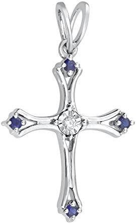 Holy Cross, Almighty, Blessings, Jewel Ivy 14K White Gold Pendant with Sapphire, Diamond and Chain !!
