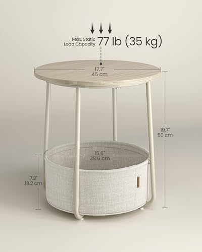 VASAGLE LILEA Collection - Small Round Side End Table, Modern Nightstand with Fabric Basket, Cream White ULET223K67