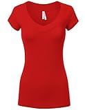 Luna Flower Women's Fitted Basic Deep V-Neck Short-Sleeve Cotton Tops T-Shirts
