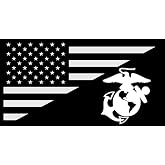 Black Half Diagonal Flags w USA and Marines Logo Sticker (USMC Vinyl Decal), Officially Licensed by The U.S. Marine Corps (3 x 5 inch)