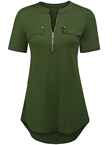 Womens V Neck 3/4 Long Sleeve Zipper Shirts Casual Swing Tunic Tops Blouse (L, Army Green)