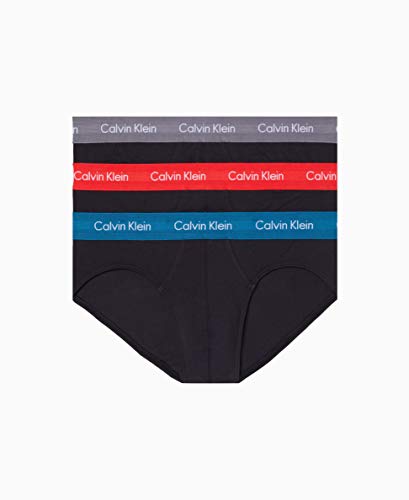 Calvin Klein Men's Cotton Stretch Multipack Hip Briefs, Black/Grey Smoke/Flame Scarlet/Corsair, X-Large