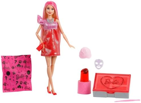 Party Surprise rossa brillante, bambola serie Festa Glamour con 10 accessori a sorpresa ed effetto cambia colore inclusi, giocattolo per bambini, 3+ anni, JFY68
