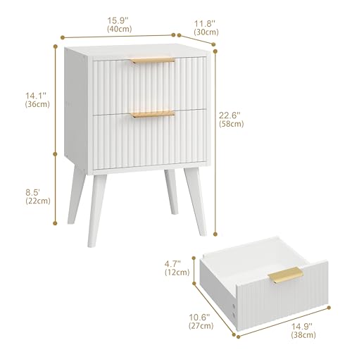 Fluted Nightstand with 2 Drawers,Modern Bedside Table with Metal Handles,White Side Table with Solid Wood Legs,Mid Century End Table for Living Room,Bedroom,White CAACTG55W