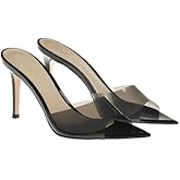 RYNKOMA Women'S Clear Pointed Open Toe Stiletto Heel Slide Sandals Fashion Sexy Slip On Transparent Strap High Heels Mules Summer Backless Party Wedding Prom Dress Shoes