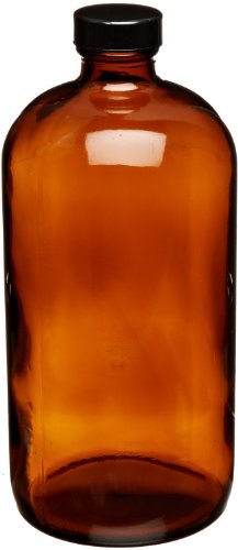 JG Finneran D0161-32 Amber Borosilicate Glass Standard Boston Round Bottle with Black Phenolic Closure, PE Cone Lined, 33-400mm Cap Size, 32oz Capacity (Pack of 12)