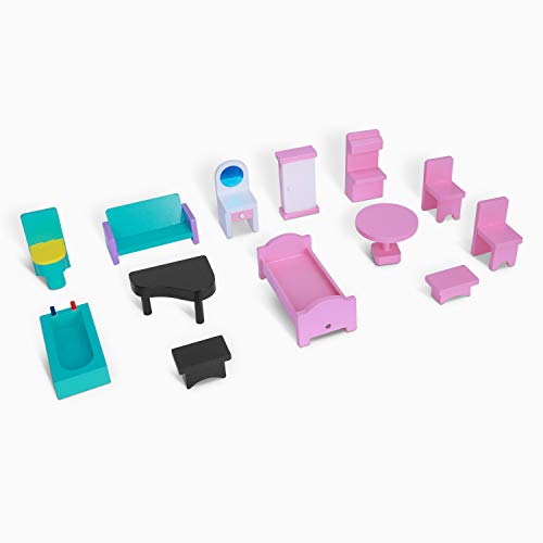 BABLE Wooden Dollhouse with Furniture Pieces,Pretend Play Toy House for Little Girls(3-9 Years Old),Furnished Dollhouse Kit for Small Place, Modern Dollhouse with Accessories, 34 x12 x34 in,Pink