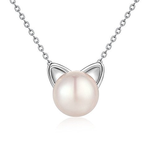 Nuwastone Sterling Silver Cat Necklace Freshwater Cultured Pearl Cat Collarbone Charm Necklace