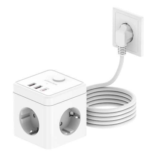 Cube Power Strip Sockets with USB, 3 Outlets AC & USB C PD 20W, Cable 2M White | Thief Sockets With USB, Compact Cube, Little Space, Switch, Perfect Desktop Home