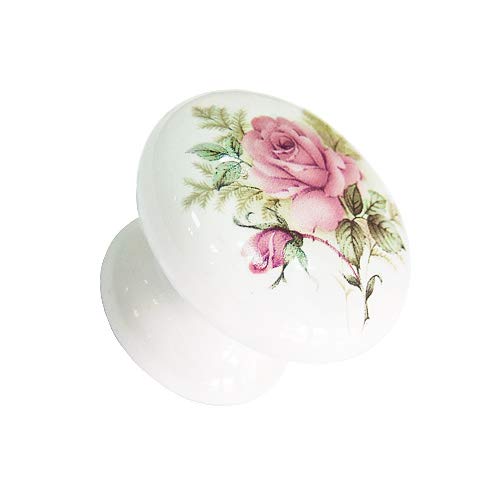 BlocksTool Vintage Ceramic Flower Roses Drawer Pull Knobs, Pack of 6 (43mm, White)