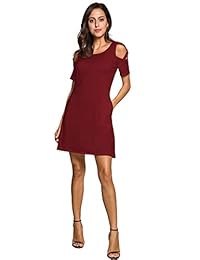 Lxmsja - Vestido de mujer con cuello redondo y bolsillos de color sólido