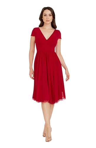 Dress the Population Women's Corey Plunging Mix Media Cap Sleeve A-line Midi Dress, Garnet, Small