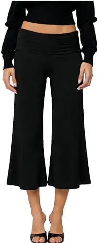 Erenella Women's Casual Wide Leg Cropped Pants Low Rise Fold Over