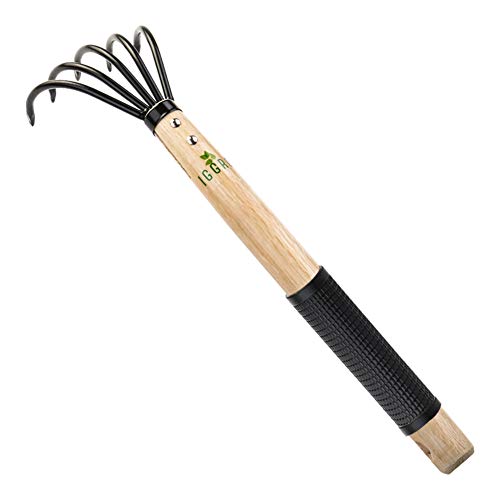 Garden Rake with Ergonomic Wooden Handle for Firm Grip, Military Grade Steel Gardeners Tine Cultivator Wood Japanese Ninja Claw Rake for Perfect Pulverized and Aerated Soil, Gardening GiftsIdea