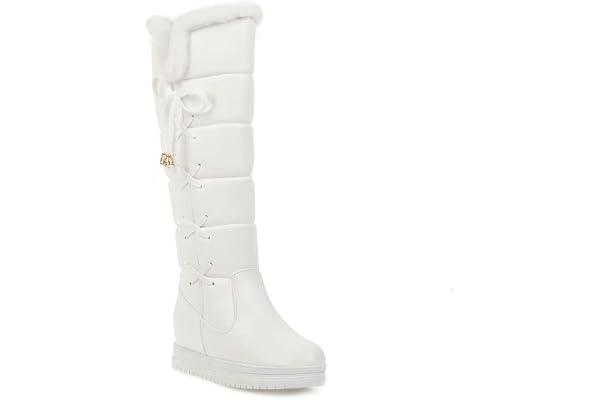 HINDOLA Women's Winter Warm Knee High Down Snow Boots Fur Lined Waterproof Cross-Tied Hidden Wedges Platform Boots
