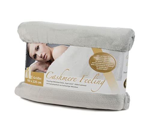 Goezze - Premium kasjmier feel knuffeldeken voor de woonkamer, 500 g/m², 180 x 220 cm, zilver
