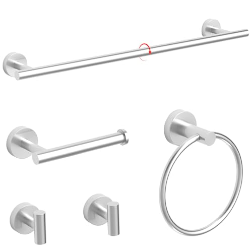 sunzone Bathroom Accessories Set, 5 Pieces Towel Bar, 60 cm Towel Bar, Towel Ring, Bathrobe Towel Hook, Toilet Paper Holder, 304 Stainless Steel, Silver