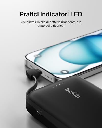 BoostCharge power bank 10 000 mAh con cavo integrato 20 W PD, caricatore portatile, ricarica USB-C PD rapida, power bank con ricarica rapida per iPhone 16 Series, iPad Pro, Galaxy S24 e altri